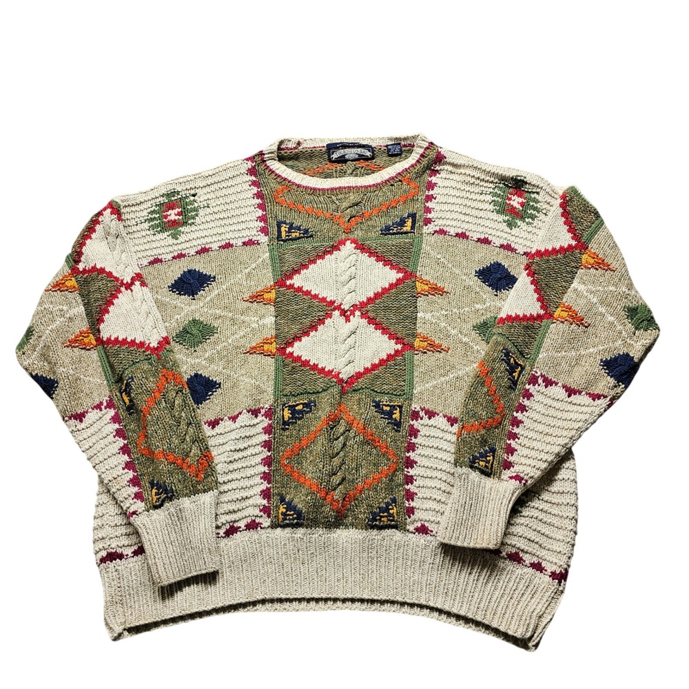 Thornton Bay Hand Knitted Geometric Sweater Mens XL Green Multi Color Vintage